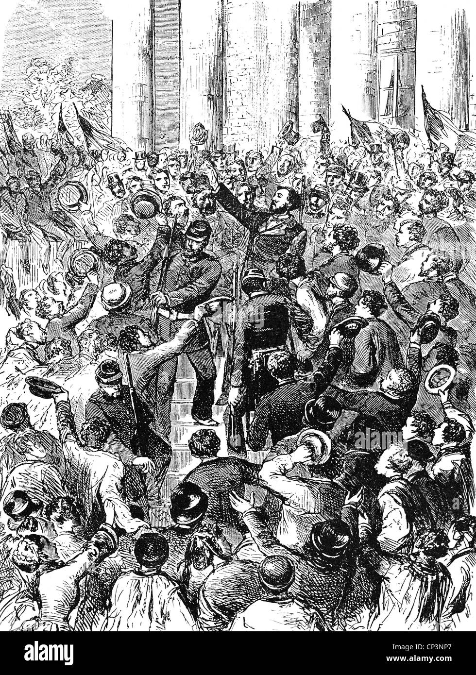 events, Franco-Prussian War 1870 - 1871, proclamation of the Third Republic by Leon Gambetta, Paris, 4.9.1870, wood engraving, 19th century, crowd, politician, fall of the Second Empire, France, Franco - Prussian, historic, historical, people, Additional-Rights-Clearences-Not Available Stock Photo