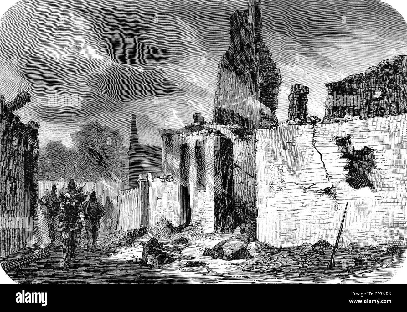 events, Franco-Prussian War 1870 - 1871, Battle of Sedan, 1.9.1870, Bazeilles after being stormed by the Bavarians 1.9.1870, contemporary wood engraving, soldiers, Bavaria, destruction, ruins, fire, smoke, Germany, France, 19th century, Franco - Prussian, historic, historical, people, Additional-Rights-Clearences-Not Available Stock Photo