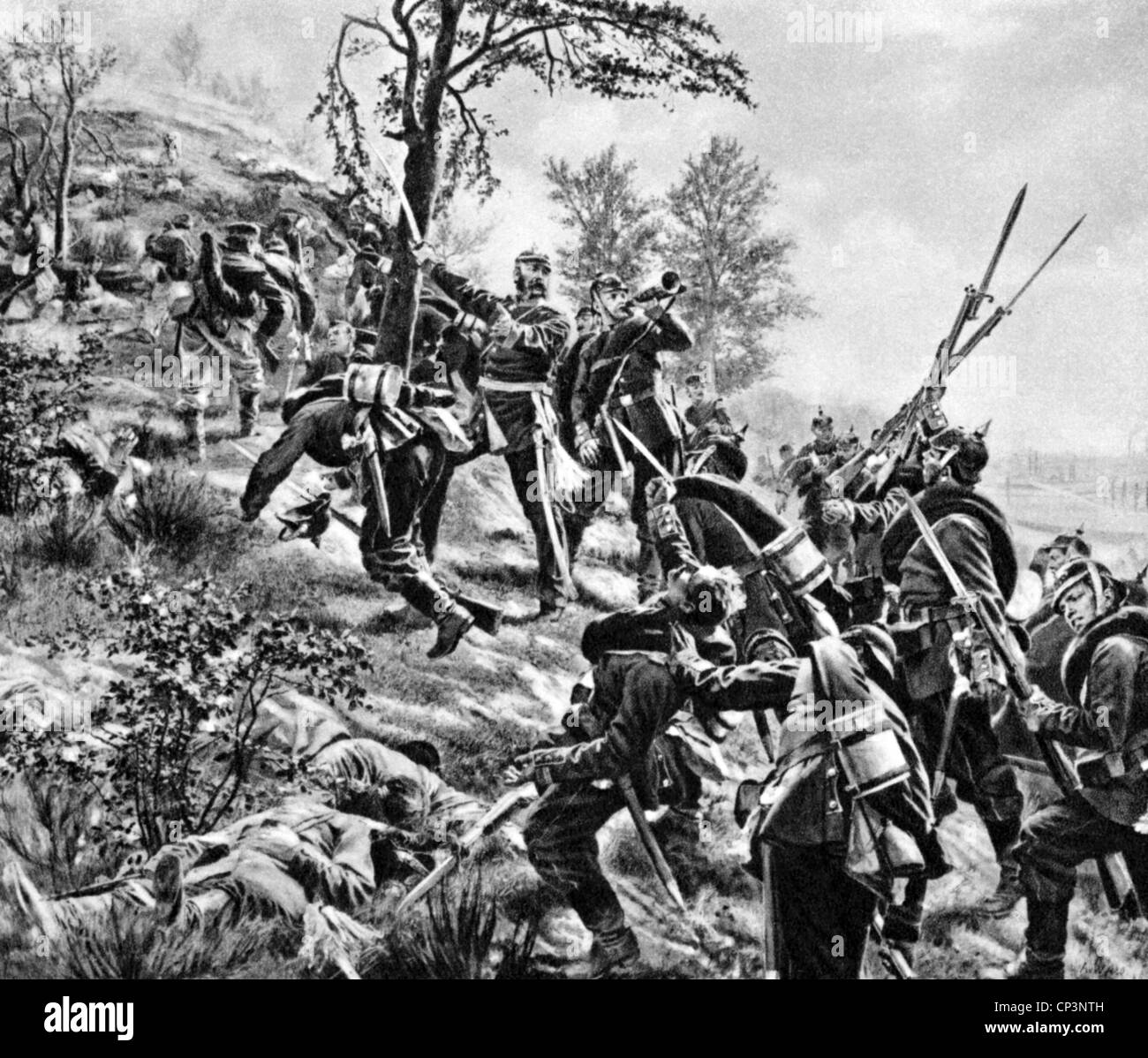 events, Franco-Prussian War 1870 - 1871, Battle of Spichern, 6.8.1870, general Bruno von Francois storming the Spichern Hights, print after painting by Anton von Werner, 1880, infantry, soldiers, German 1st Army, Prussians, attack, charge, Lorraine, Germany, France, Franco - Prussian, historic, historical, 19th century, people, Additional-Rights-Clearences-Not Available Stock Photo