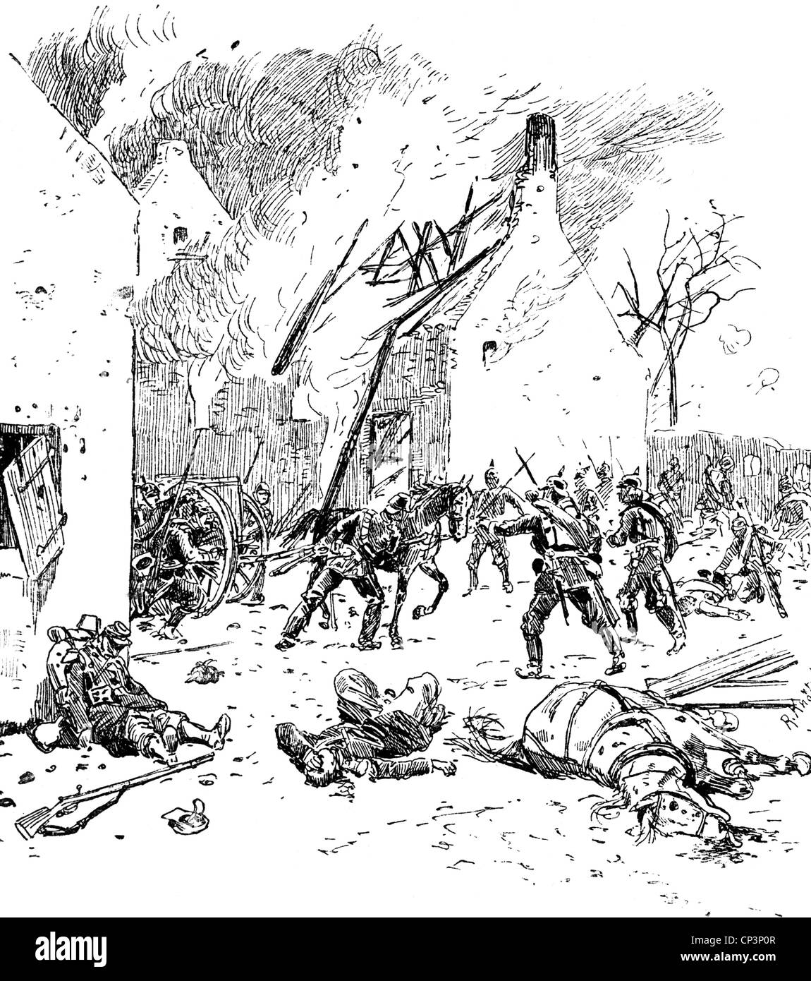events, Franco-Prussian War 1870 - 1871, Battle of Villejouan, 10.12.1870, the 33rd (Hanseatic) Brigade involved in street fighting, wood engraving, 19th century, German infantry, soldiers, winter, Germany, France, Franco - Prussian, historic, historical, people, Additional-Rights-Clearences-Not Available Stock Photo