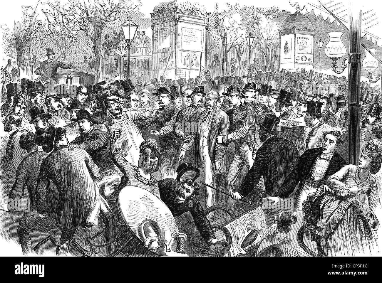 events, Franco-Prussian War 1870 - 1871, politics, arrest of a supposed German spy, Boulevard des Italiens, Paris, wood engraving, 'The London Illustrated News', 27.8.1870, Additional-Rights-Clearences-Not Available Stock Photo