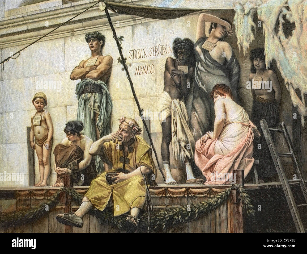 slavery, ancient world, Roman slave market, wood engraving after painting by Gustave Boulanger, 19th century, historic, historical, trader, traders, merchant, merchants, slaves, platform, pedestal, platforms, pedestals, ancient world, people, Additional-Rights-Clearences-Not Available Stock Photo