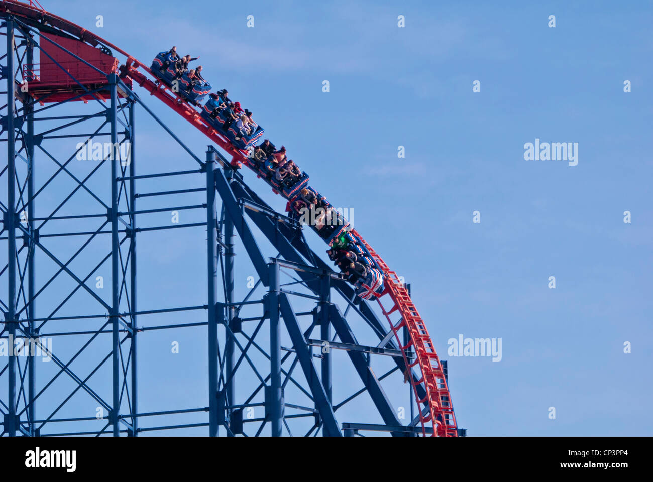 A train of The Big One ride at Blackpool Pleasure Beach, Lancashire, England, UK Stock Photo