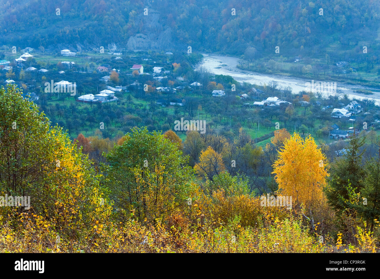 Misty morning autumn mountain village view (Carpathian, Ukraine Stock ...