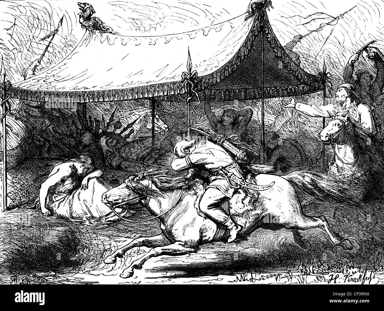 Attila, Ruler of the Hunnic Empire 434 - 453, scene, his death, lying in repose, mourning Huns, wood engraving, 19th century, Additional-Rights-Clearances- ...