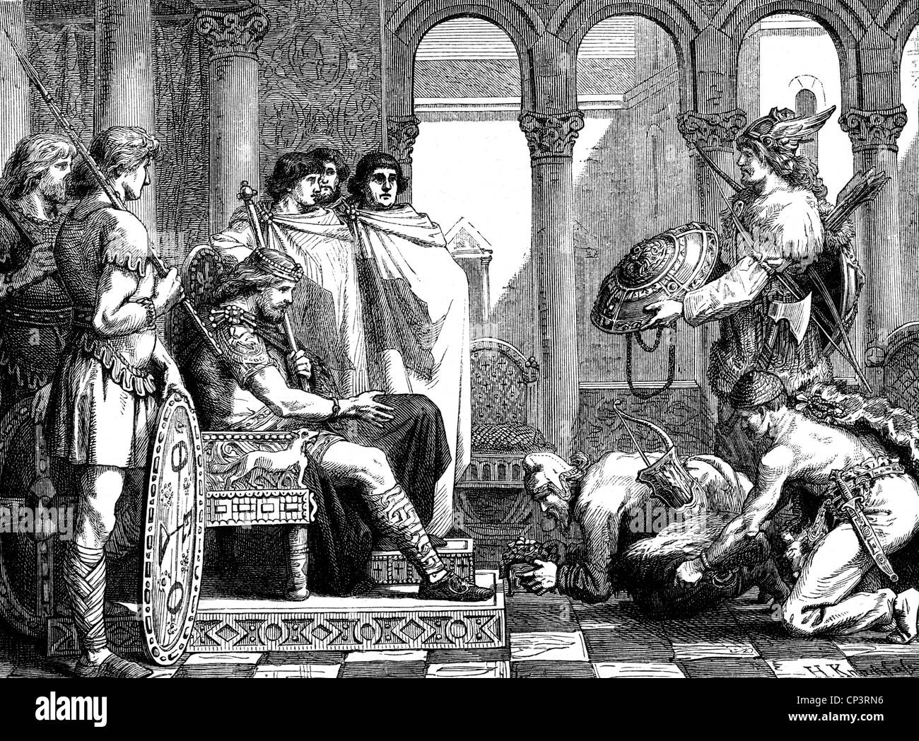 Theodoric the Great, circ 454 - 30.8.526, King of the Ostrogoths 471 - 526, scene, envoys from Scandinavia offering him presents, wood engraving, 19th century, Stock Photo