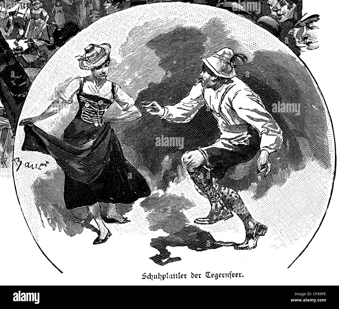 dance, folk dance, Schuhplattler, couple of Tegernsee, wood engraving, late 19th century, Additional-Rights-Clearences-Not Available Stock Photo