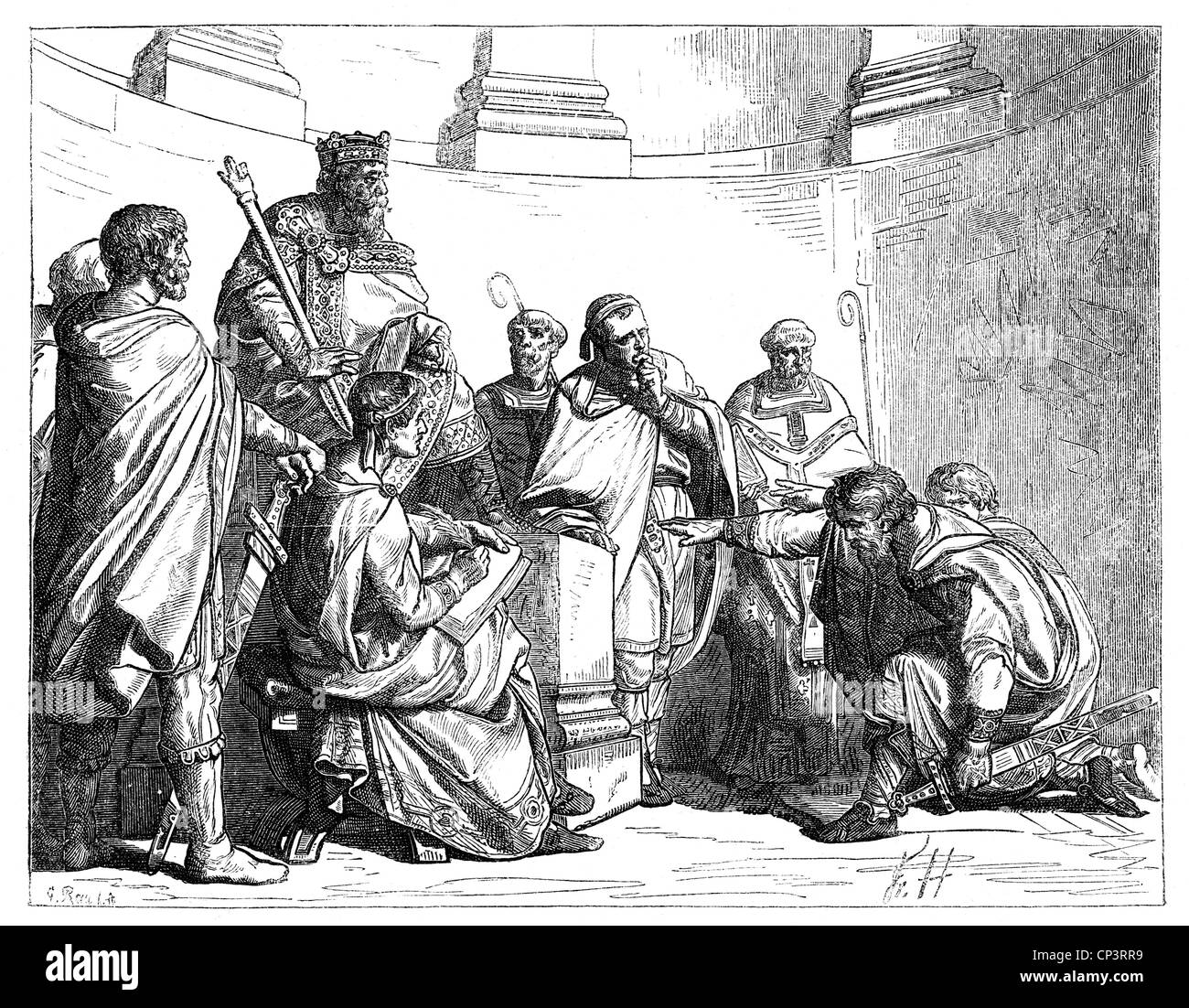 Otto I 'the Great', 23.11.912 - 7.5.973, Holy Roman Emperor 962 - 973, scene, Berengar II pays him homage at the Diet of Augsburg and receives the Kingdom of Italy as fiefdom in return, 952, wood engraving, 19th century, Stock Photo