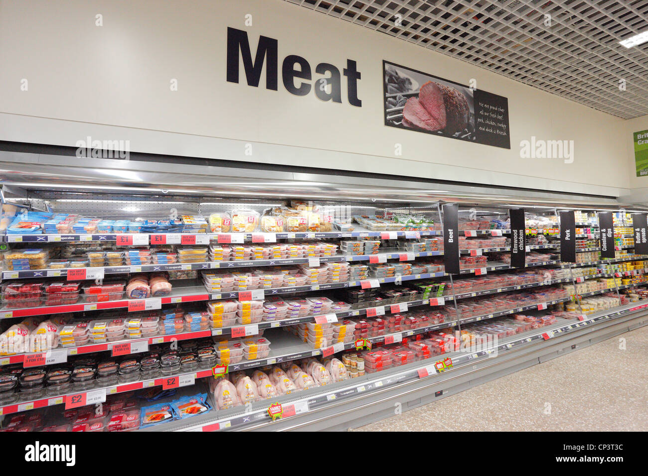 Supermarket meat aisle. Stock Photo