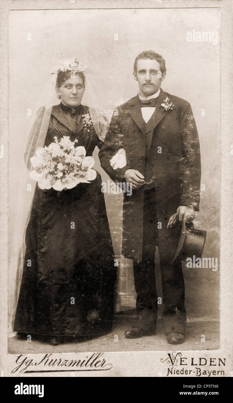 people, marriage, bridal couple, carte-de-visite, Gg. Kurzmueller, Velden, Lower Bavaria, Germany, circa 1900, Additional-Rights-Clearences-Not Available Stock Photo
