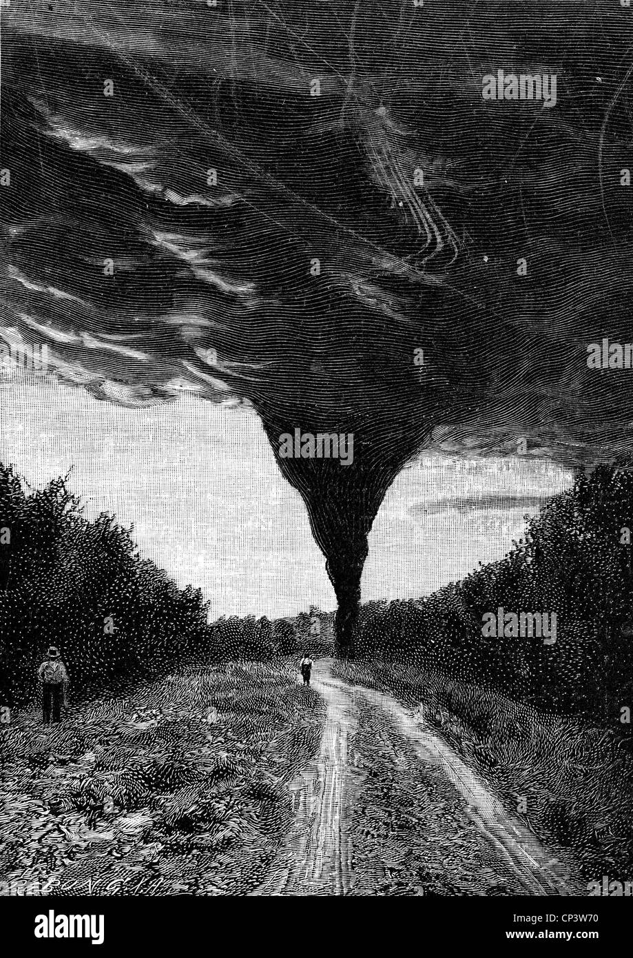 disasters, storm, tornado in North America, wood engraving, 19th century, twister, landspout, natural disaster, historic, historical, people, Additional-Rights-Clearences-Not Available Stock Photo