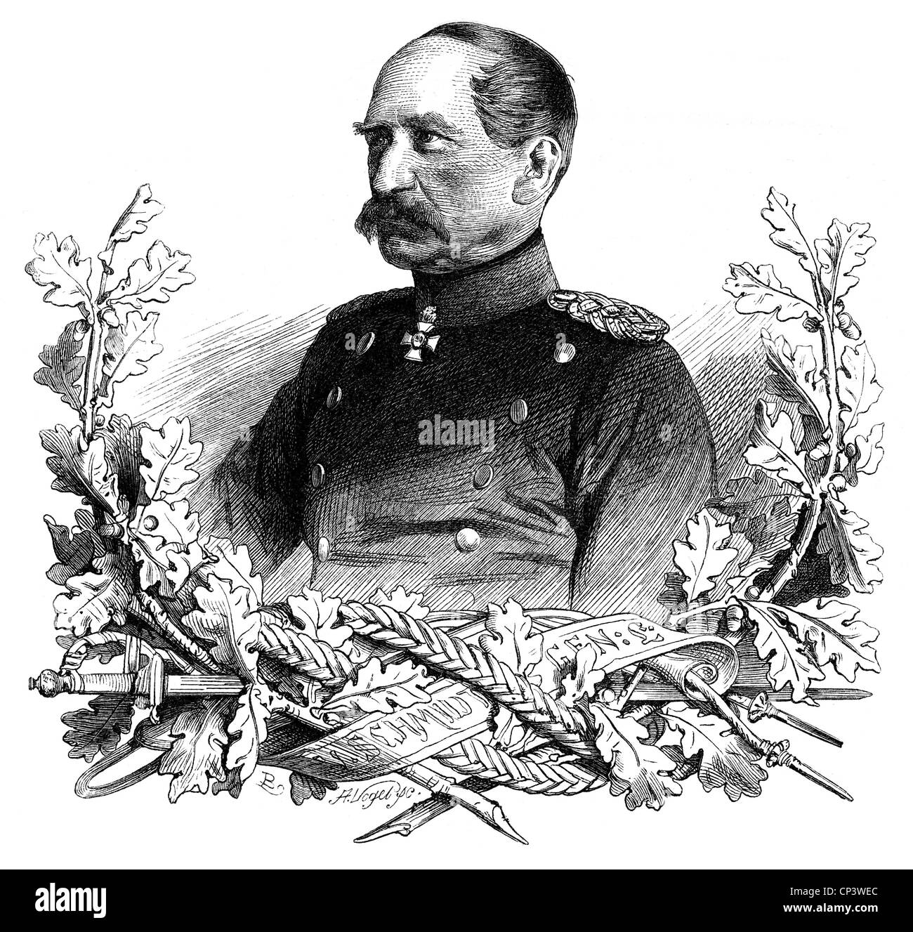 events, Austro-Prussian War 1866, persons, Lieutenant General von Schmidt, commanding general of the Prussian II Army Corps, portrait, wood engraving after drawing by Ludwig Burger, 'Der Deutsche Krieg von 1866' by Theodor Fontane, 1870/1871, Additional-Rights-Clearences-Not Available Stock Photo