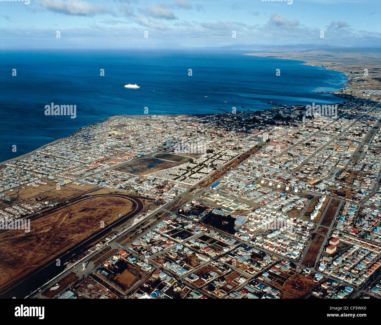 Chile - Region of Magallanes y de la Antartica Chilena - Punta Arenas and the Strait of Magellan. Aerial view. Stock Photo