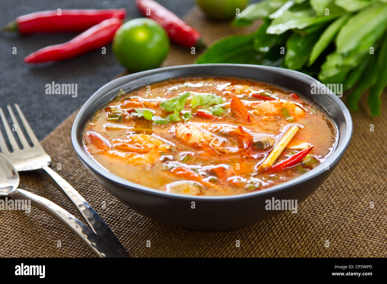 Sour and Spicy soup [Thai s Tomyum kung] Stock Photo