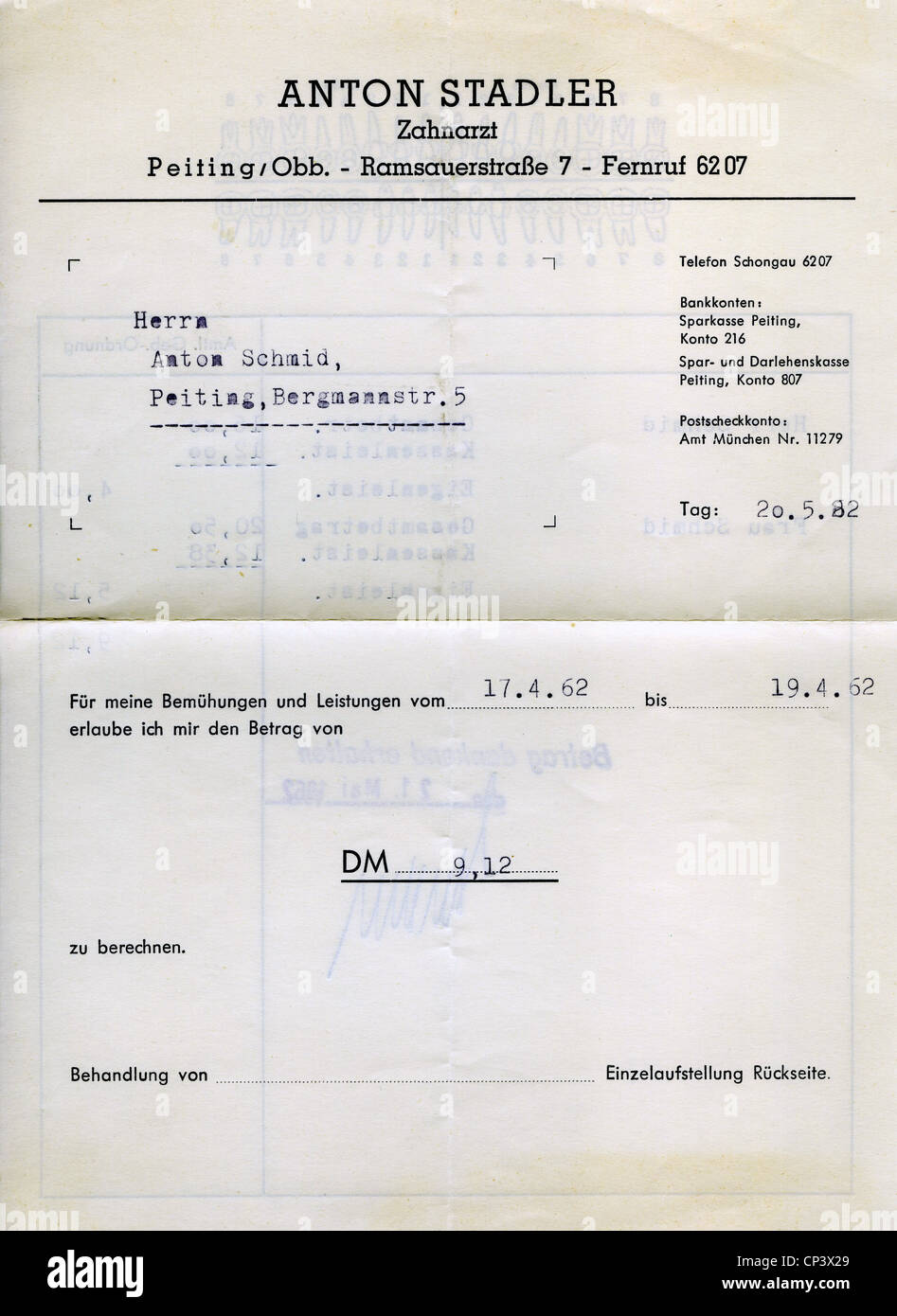 medicine, dentistry, dental bill, dentist Anton Stadler, Peiting, 20.5.