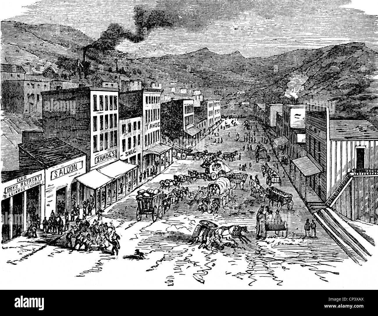 geography / travel, USA, Virginia City, Nevada, main street, view, wood engraving, 2nd half 19th century, Wild West, North America, historic, historical, people, Additional-Rights-Clearences-Not Available Stock Photo