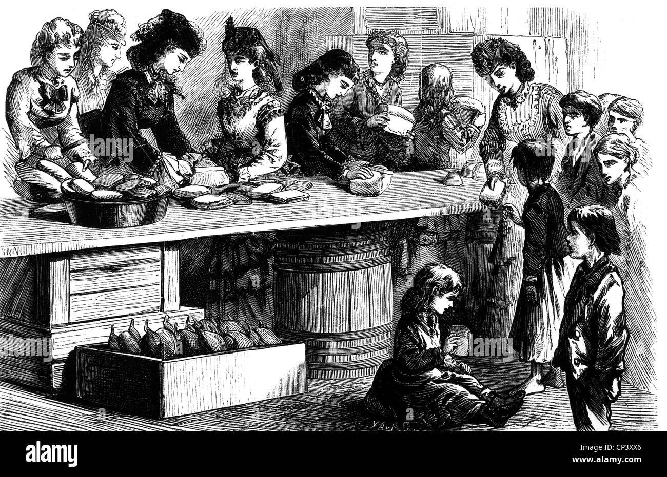 fire, fires, Great Chicago Fire, 8.- 10.10.1871, ladies giving food to children, wood engraving, 'Das Buch fuer Alle', Stuttgart, Germany, 1872, Additional-Rights-Clearences-Not Available Stock Photo