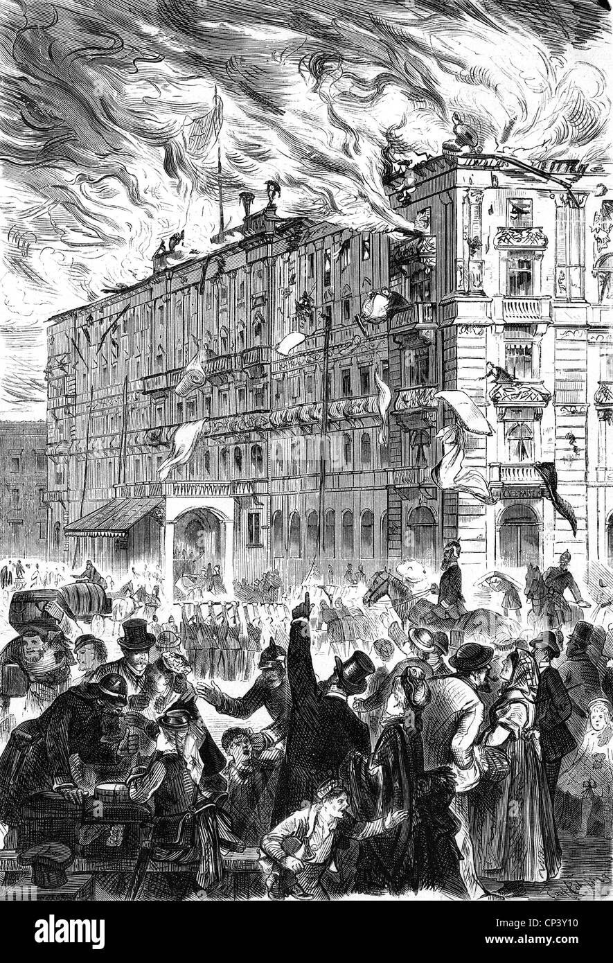 fire, fires, fire of Hotel Kaiserhof in Berlin, 11.10.1875, wood engraving, 'Illustrierte Zeitung', Leipzig, 1875, , Additional-Rights-Clearences-Not Available Stock Photo