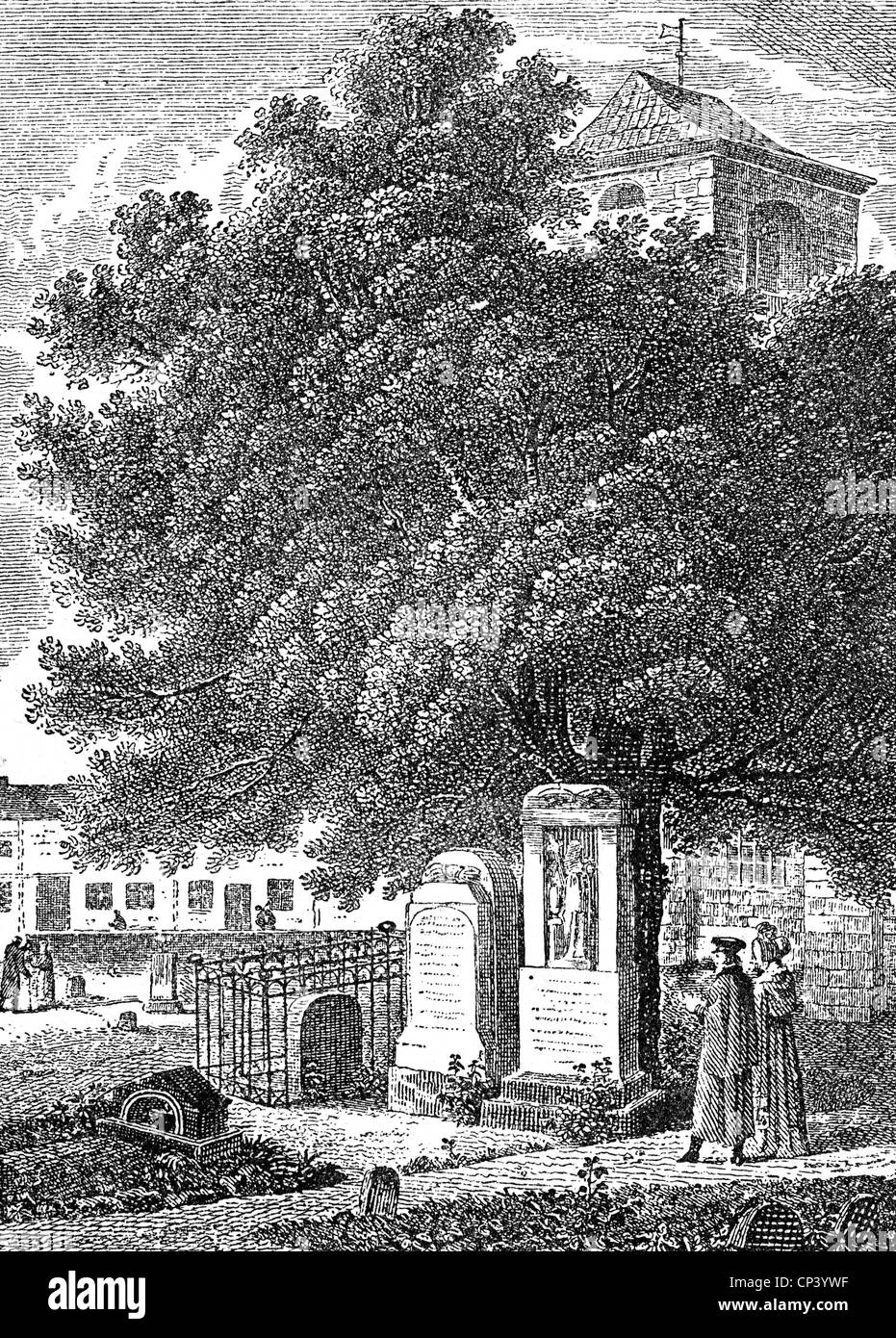 Klopstock, Friedrich Gottlieb, 2.7.1724 - 14.3.1803, German writer, his grave and the ones of his wifes Margarete (Meta) and Johanna Elisabeth in Ottensen, Hamburg, copper engraving by S. Bendixen after G. Doebler, 1823, Artist's Copyright has not to be cleared Stock Photo