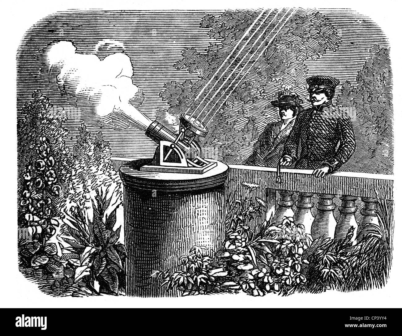 fire, making fire, burning glass, igniting with a burning glass, wood engraving, 1872, Additional-Rights-Clearences-Not Available Stock Photo
