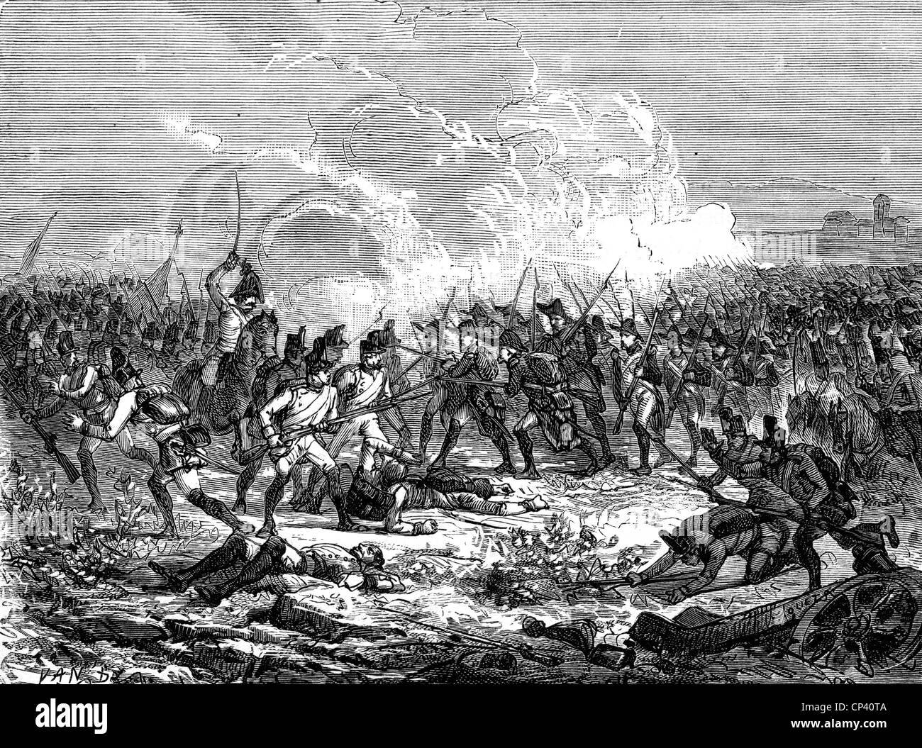 events, War of the First Coalition 1791 - 1798, Battle of Bassano, 8.9.1796, wood engraving, 2nd half 19th century, Austrian, Austria, French, France, valley of river Brenta, Veneto, Venetia, Italy, Italian campaign, Napoleon Bonaparte, soldiers, infantry, French revolutionary wars, Napoleonic Wars, 18th century, historic, historical, people, Additional-Rights-Clearences-Not Available Stock Photo