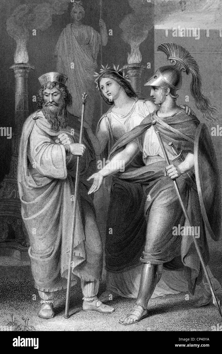 theater / theatre, plays, Iphigenia in Tauris, by Johann Wolfgang von Goethe, act 5, scene 6, steel engraving by Finden, London, after a painting by Wilhelm von Kaulbach, 19th century, mythology, Greek, play, Thoas, king, kings, Orest, helmet, helmets, shield, shields, spear, spears, warrior, warriors, drama, dramas, tragedy, tragedies, ancient, ancient world, ancient times, historic, historical, ancient world, people, Additional-Rights-Clearences-Not Available Stock Photo