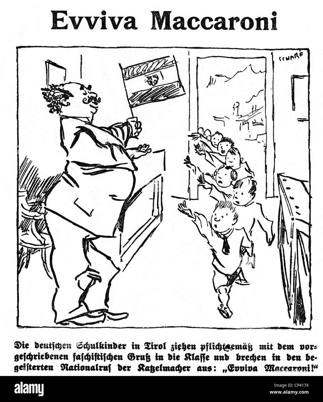 politics, South Tyrol question,  caricature, 'Evviva Maccaroni', drawing by Scharf, 'Welt am Sonntag', 14.2.1926, Additional-Rights-Clearences-Not Available Stock Photo