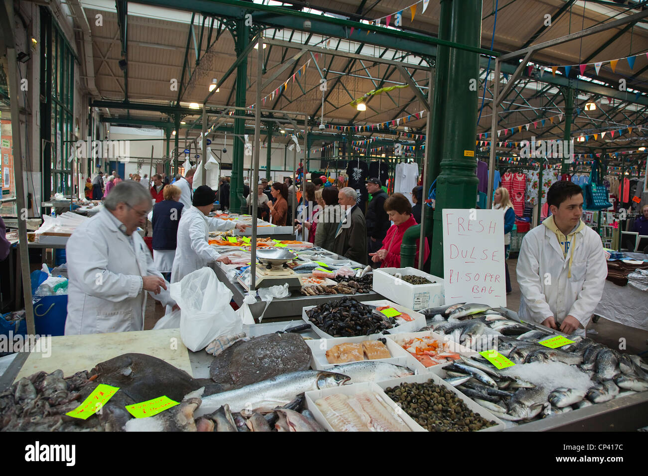 Ireland, North, Belfast, St Market, fresh fish display with Dulse seaweed for sale Stock