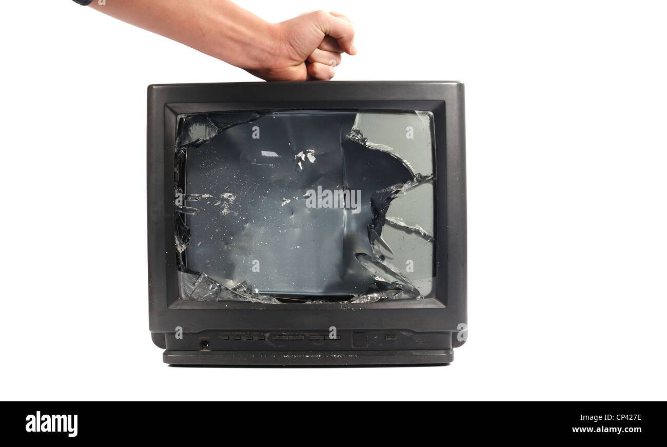 Turn off your TV. Kill it.man's hand punching TV Stock Photo