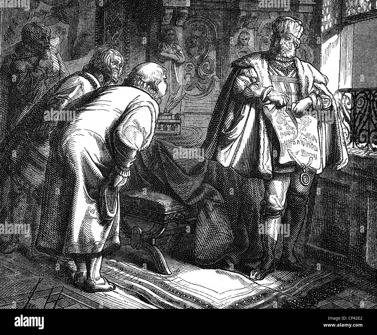 Frederick III 'the Wise', 17.1.1486 - 5.5.1525, Elector of Saxony 1486 - 1525, full length, Frederick the Wise tearing apart the unjust control registers, wood engraving, 19th century, Stock Photo