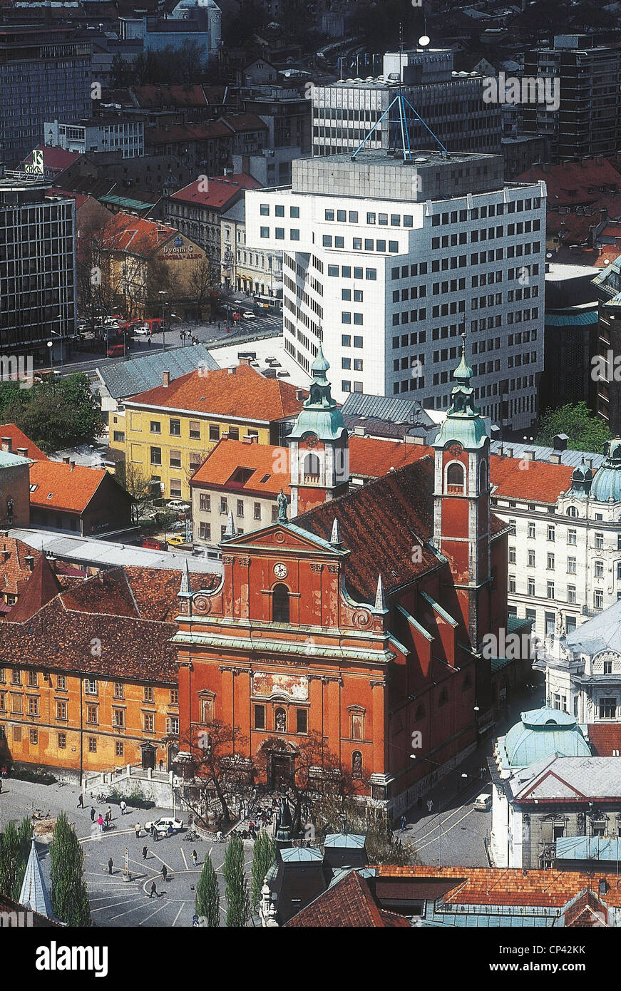 SLOVENIA LJUBLJANA Aerial view of the Franciscan Church FRANCISKANSKA Cerkev 1640 Stock Photo