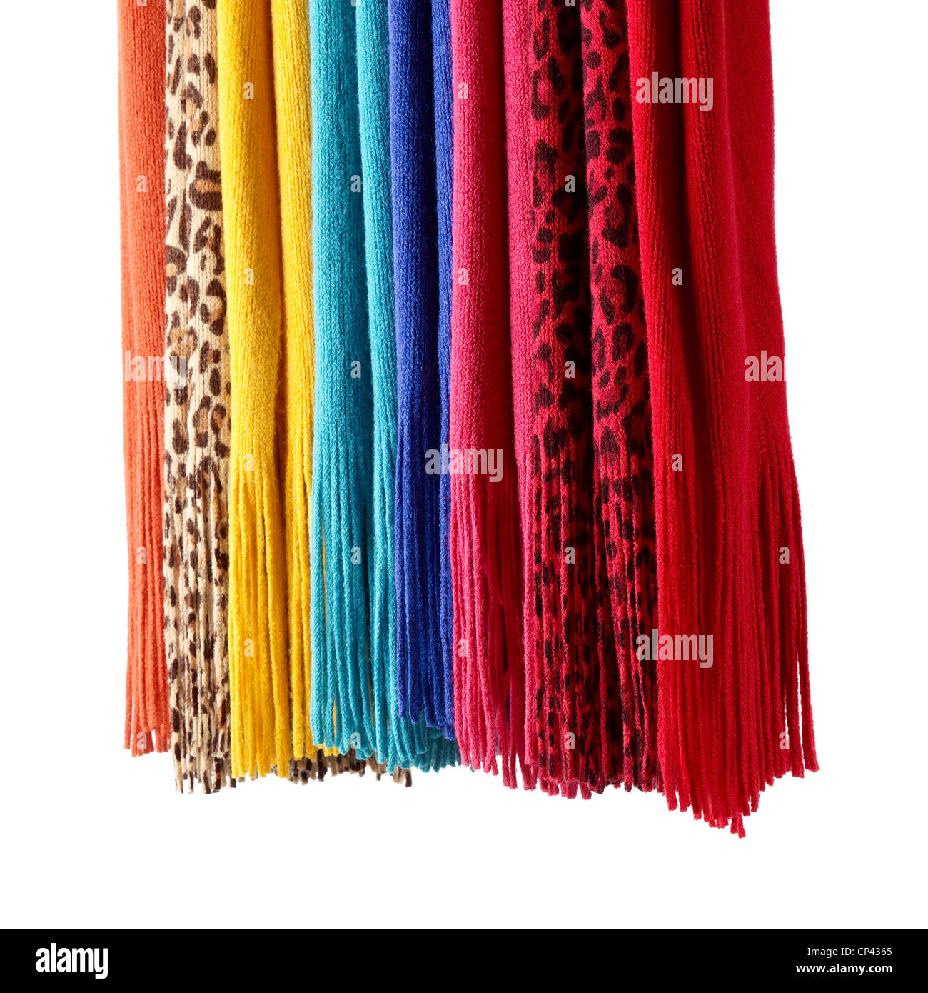 A still life shot of colourful wool scarves lined up Stock Photo
