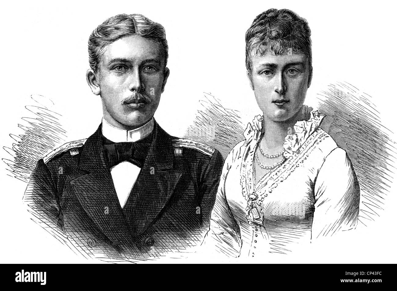 Henry, 14.8.1862 - 20.3.1929, Prince of Prussia, portrait, with his fiancee, Princess Irene of Hesse and by Rhine, wood engraving, after photographs by  Fritz Leyde & Co., Berlin, and Karl Backofen, Darmstadt, 1887/1888, Stock Photo