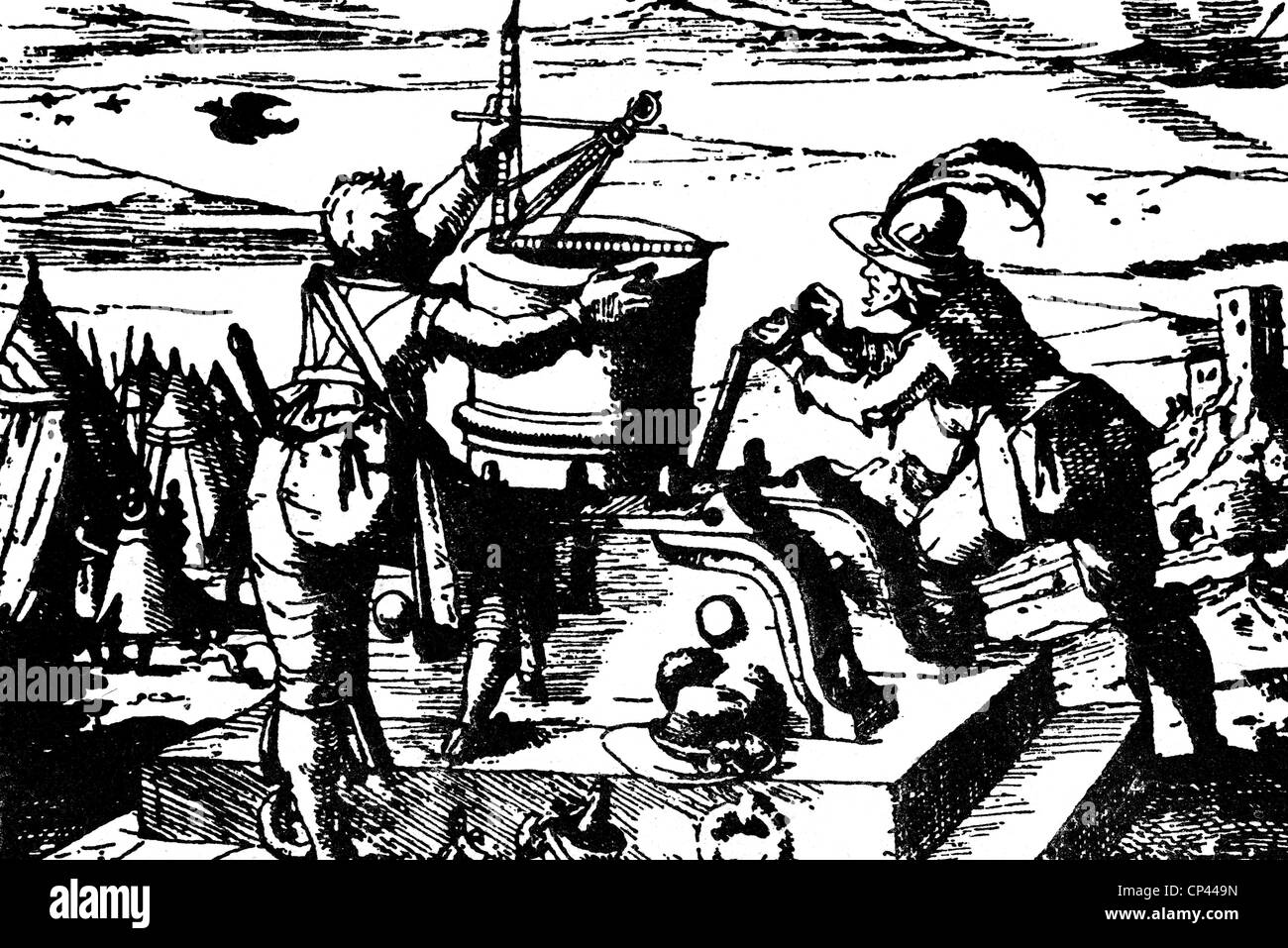 military, artillery, cannon, adjusting a mortar, copper engraving, 17th century, cannon, cannons