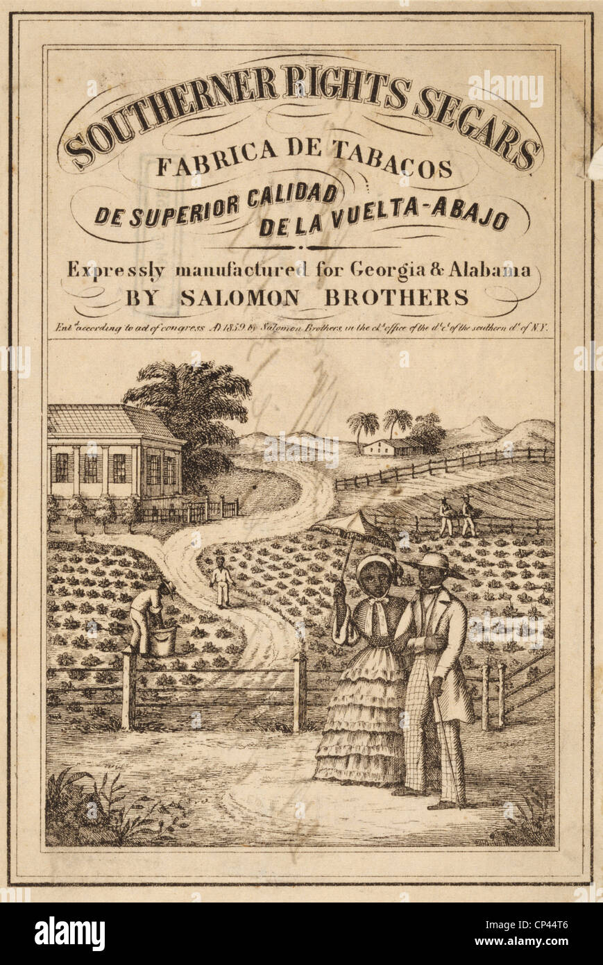 Salomon Brothers cigar label. The illustration shows a tobacco plantation with manor house and a field in which black slaves Stock Photo