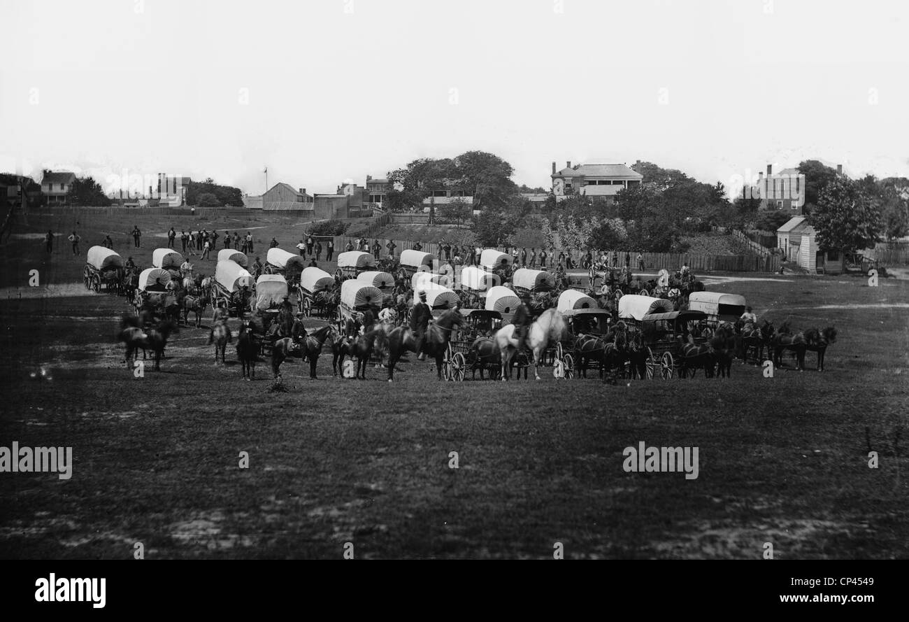 The Civil War. Wagon train of Military Telegraph Corps near Richmond