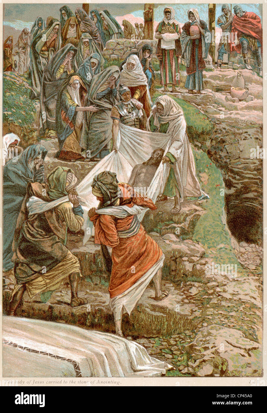 Lithograph of the body of Jesus carried to the stone of Anointing, by James Tissot Stock Photo