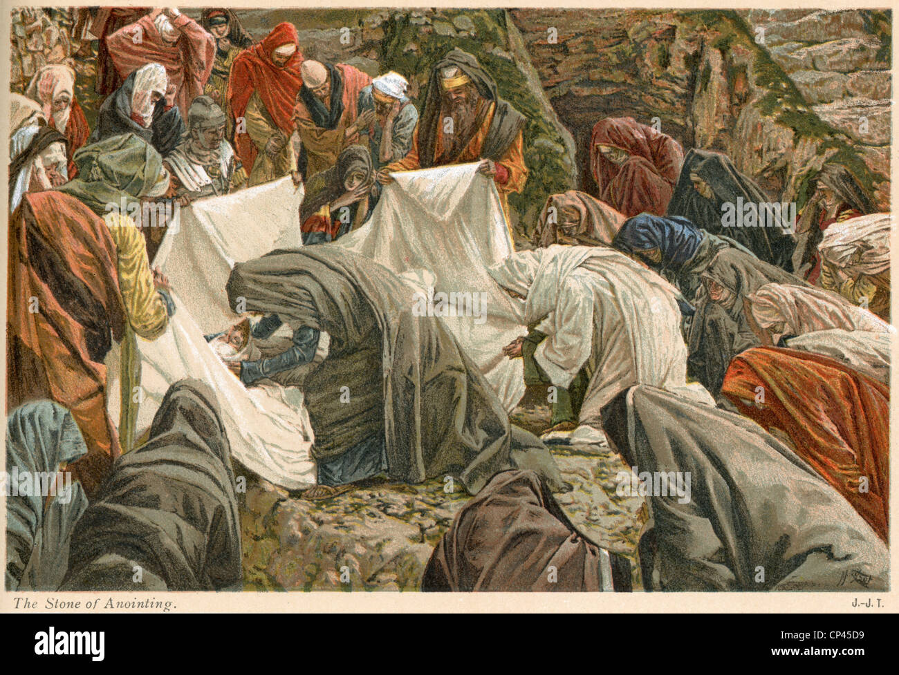 Lithograph of the body of Jesus on the stone of Anointing, by James Tissot Stock Photo