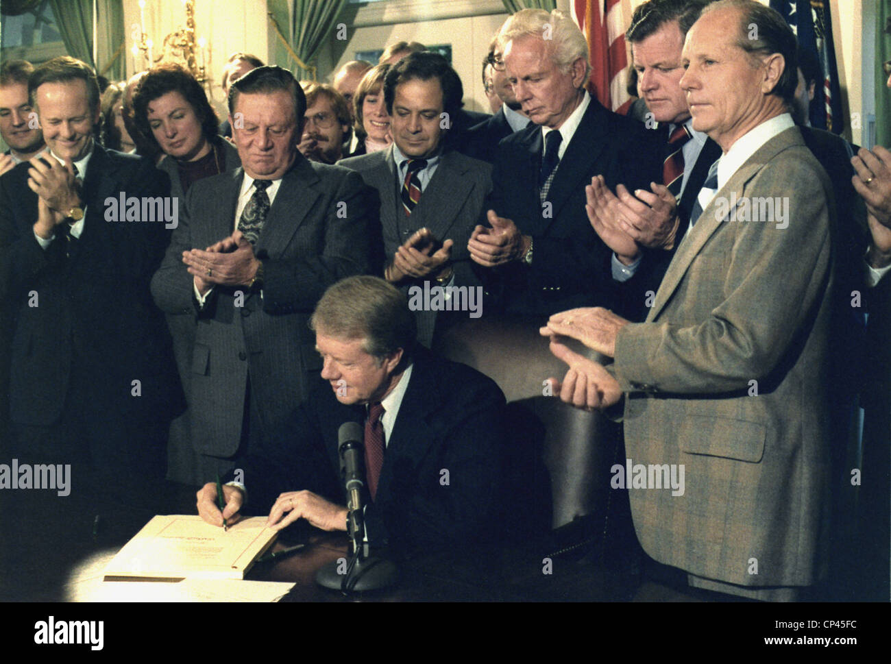 Jimmy Carter signs Airline Deregulation Act authored by Senators Edward Kennedy and Howard Cannon. It eliminated the government Stock Photo