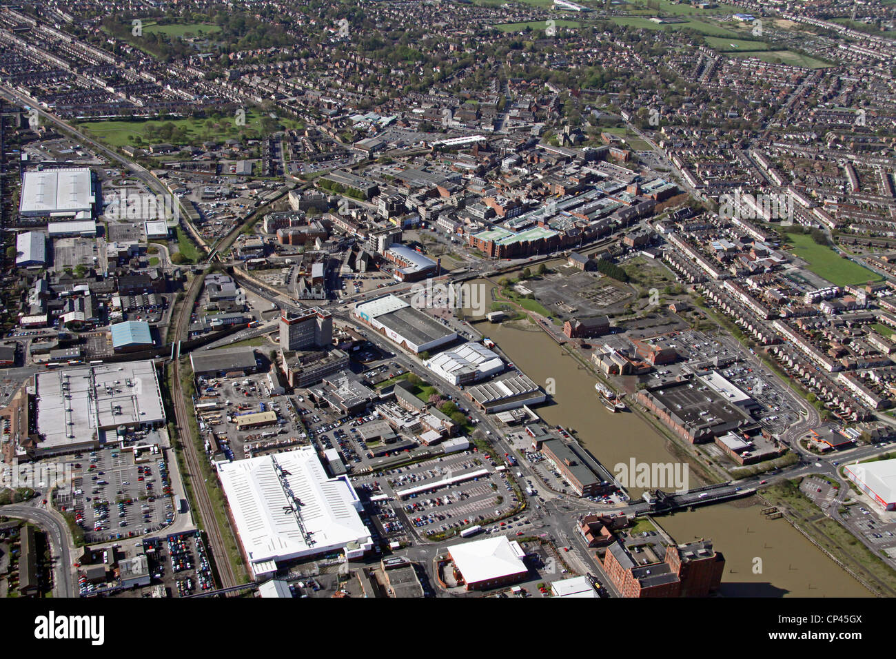 Aerial view of Grimsby town centre and docks Stock Photo