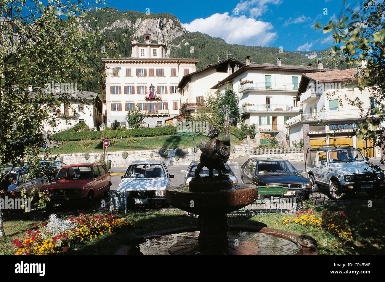 Trentino-Alto Adige - Tesero (Tn). Square with City Hall. Stock Photo