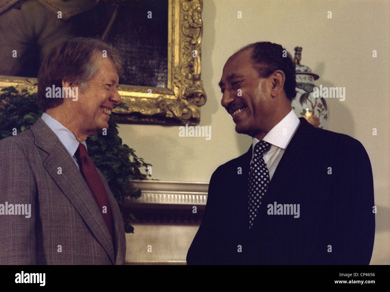Jimmy Carter with Egyptian President Anwar Sadat in the White House Oval Office. April 4 1977. Stock Photo