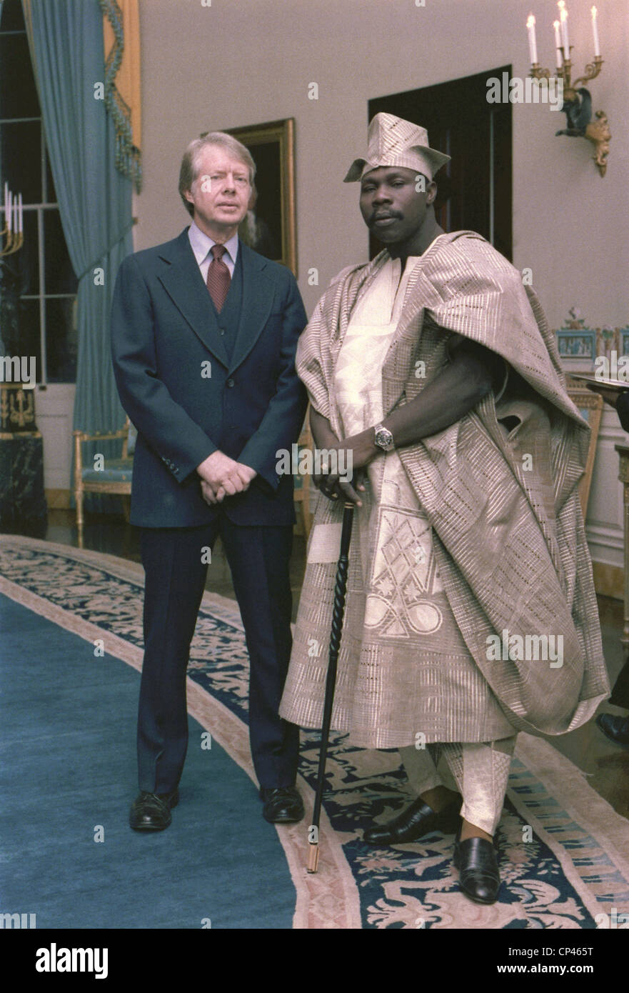 Jimmy Carter with Nigerian ruler General Olusegun Obasanjo at the White House on Oct. 7 1977. Of Yoruba descent Obasanjo served Stock Photo