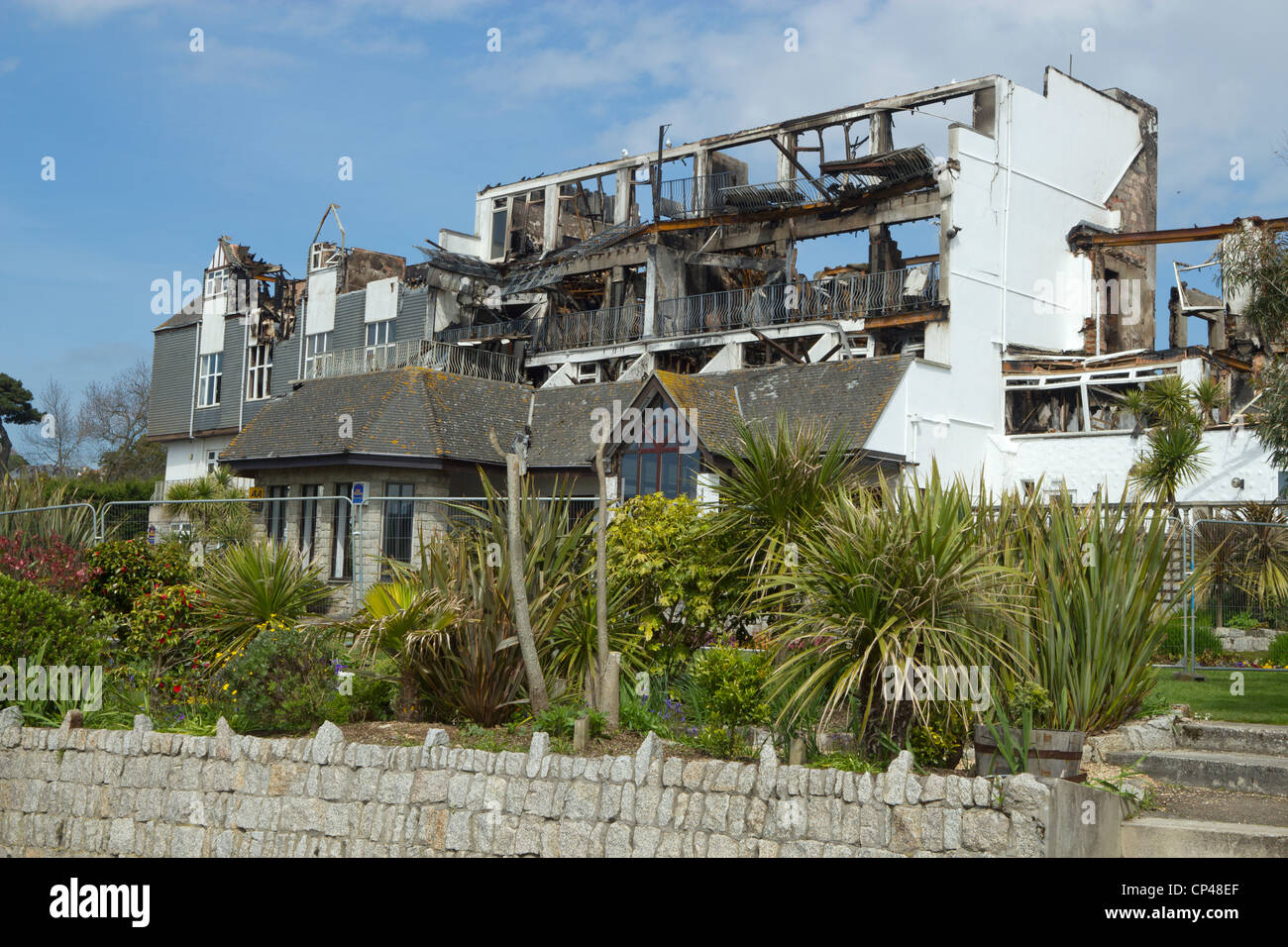 Best Western Falmouth Beach Resort Hotel and Conference Centre burnt out remains, Cornwall UK. Stock Photo