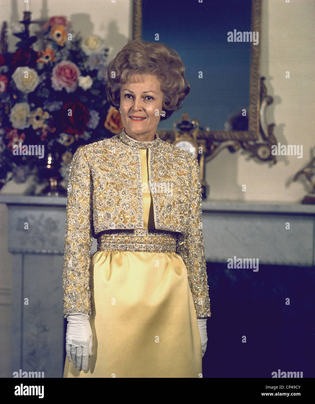 Patricia Nixon models her Harvey Berin inaugural gown in the Nixon's New York apartment on Jan 16 1969. The jacket and waist Stock Photo