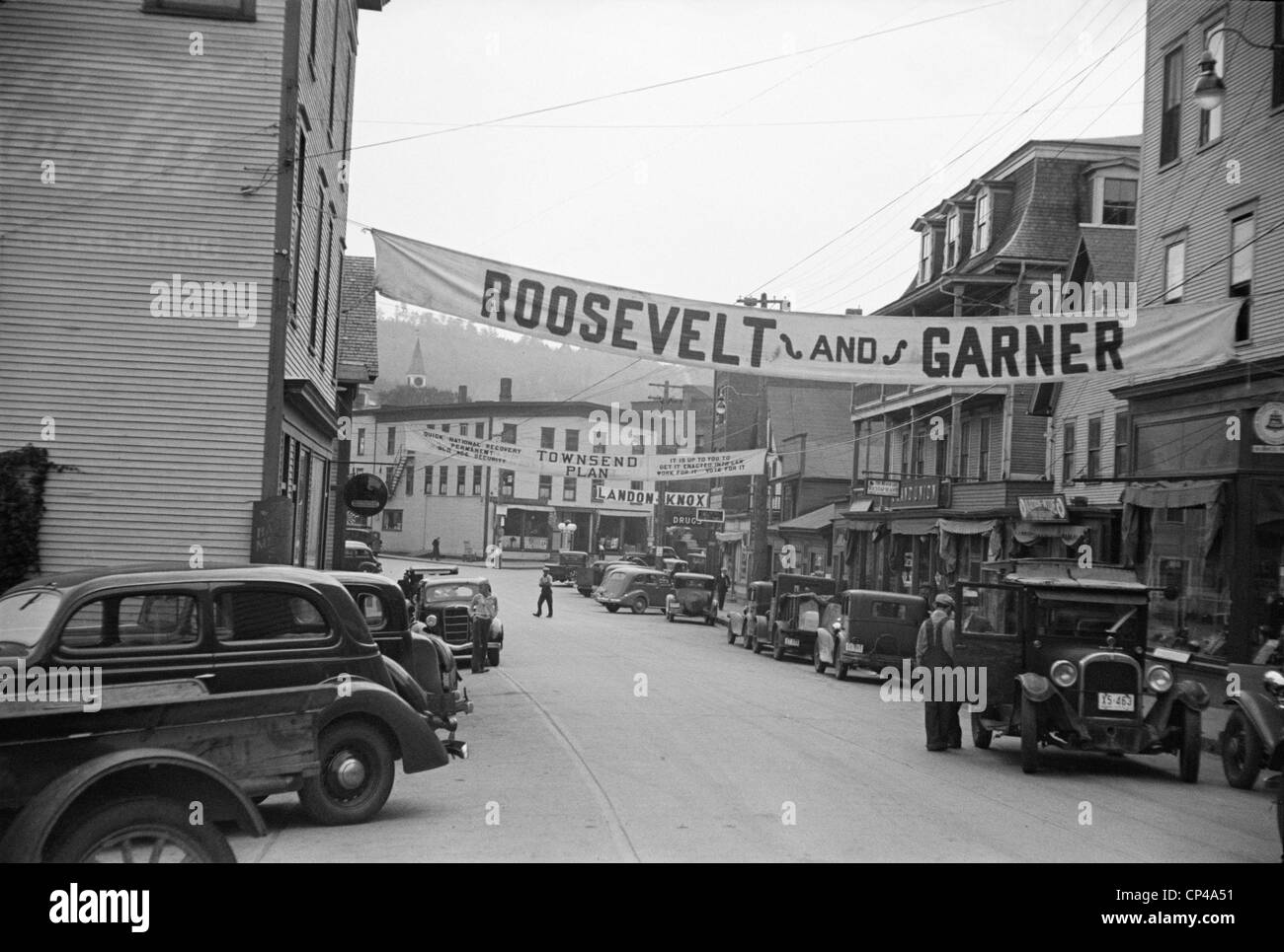 Signs for the 1936 election. Hardwick Vermont streets with campaign signs for 'Roosevelt and Garner' 'The Townsend Plan' and Stock Photo