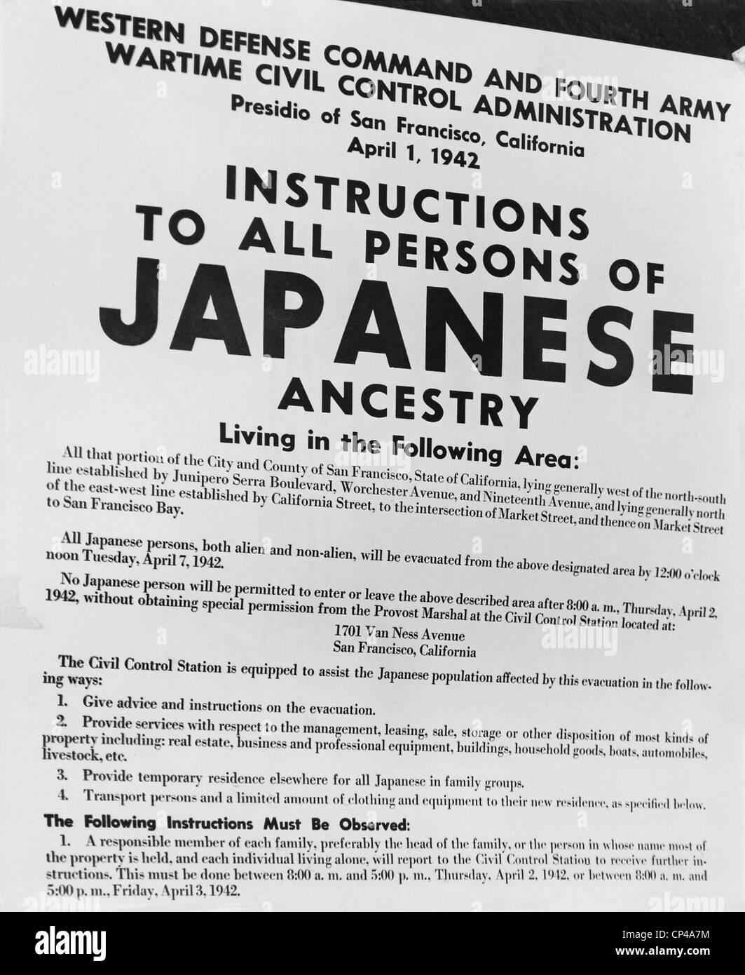 Japanese Internment. Exclusion order posted at First and Front Streets in San Francisco directing removal of persons of Stock Photo