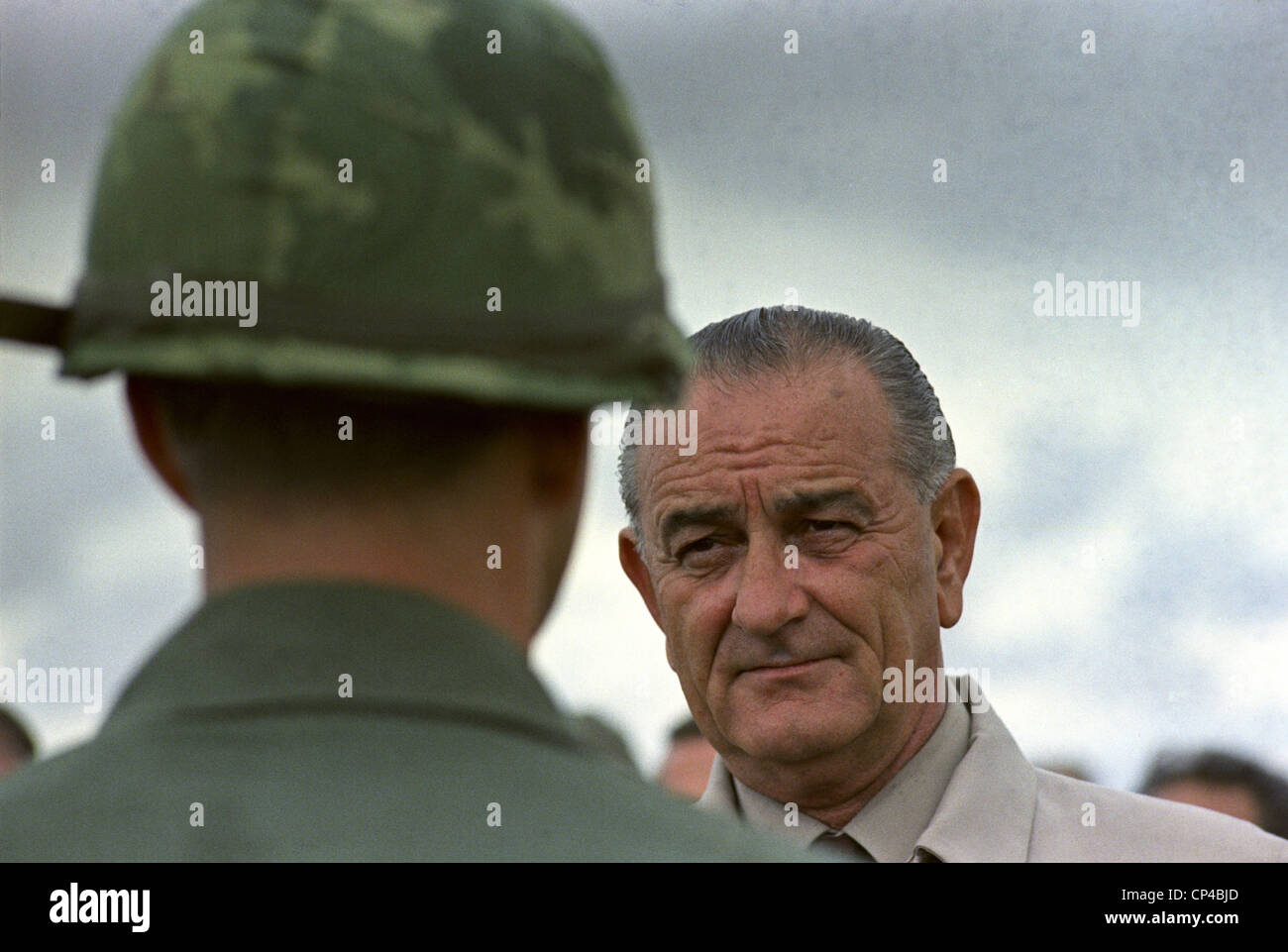 President Johnson in South Vietnam. LBJ visits US soldiers at Cam Ranh