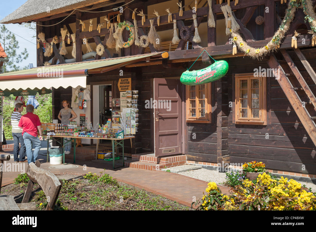 Traditional building with stall selling local products, Burg, Spreewald, Brandenburg, Germany Stock Photo