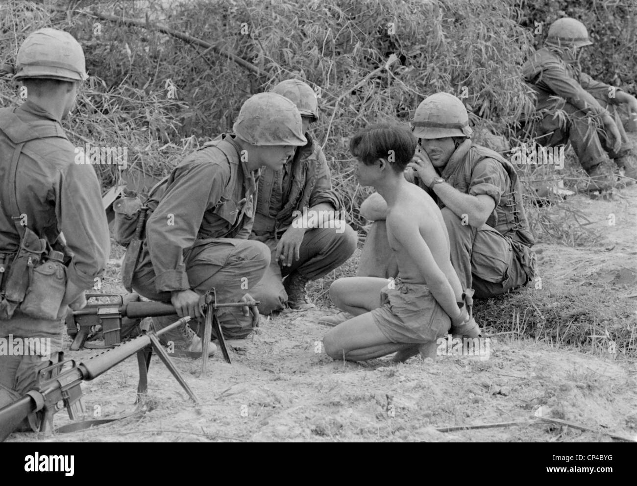 Viet Cong prisoner of war. US Marines interrogate a prison during an search and destroy mission code named Operation Badger Stock Photo